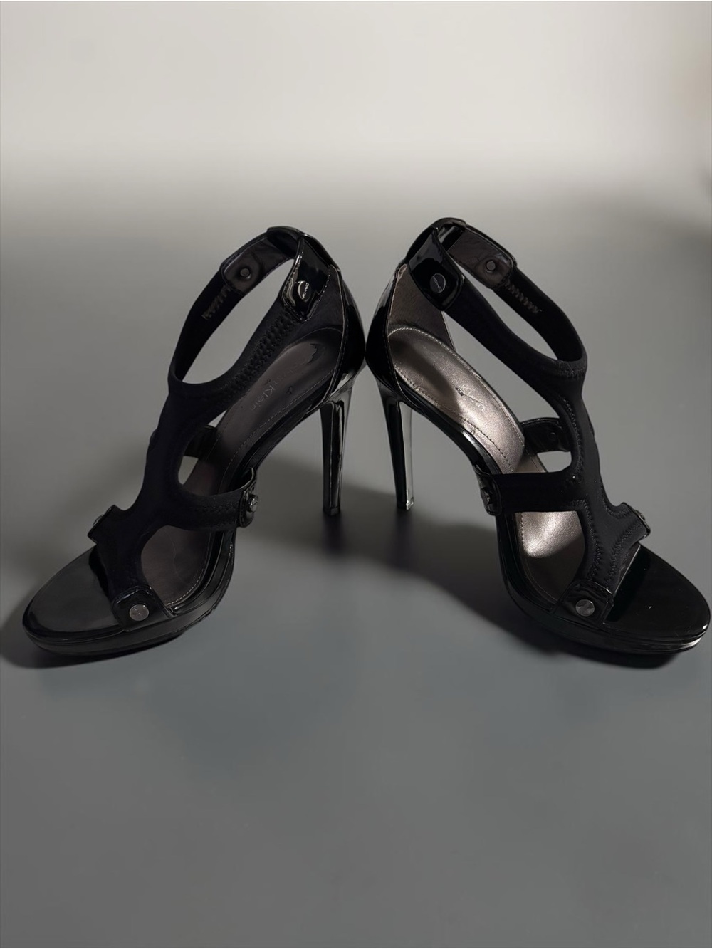 Calvin Klein Larissa Black Patent Mesh Caged Stiletto Heels Sandals Size 6